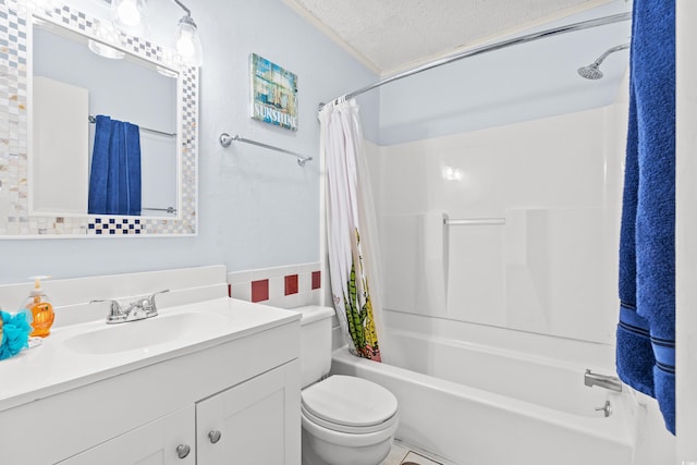 full bathroom with shower / bath combo, toilet, a textured ceiling, vanity, and tile walls