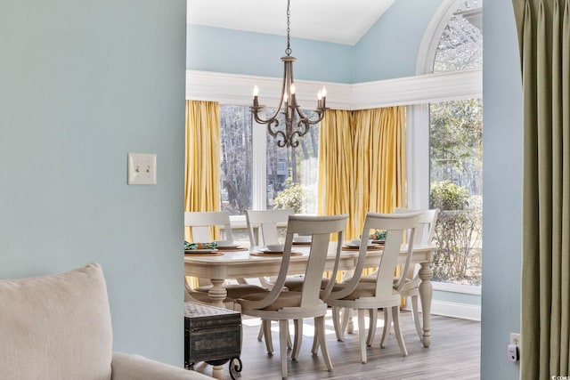 dining room with a chandelier, wood finished floors, and a healthy amount of sunlight