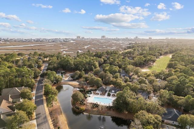 drone / aerial view with a water view