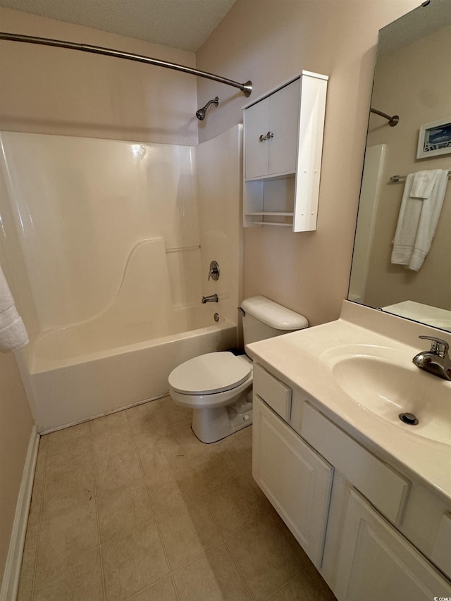 bathroom featuring shower / washtub combination, vanity, toilet, and tile patterned floors