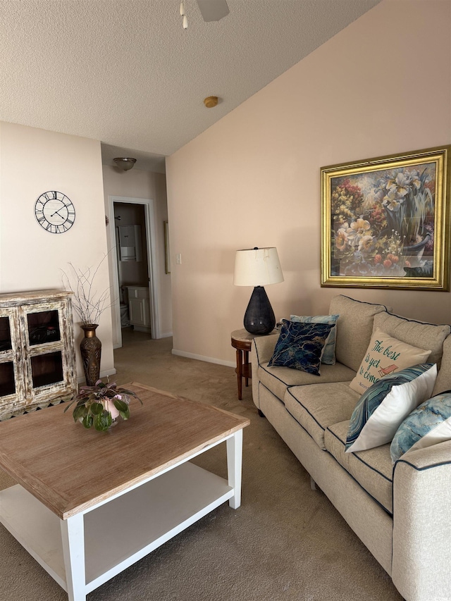 carpeted living room with baseboards, vaulted ceiling, and a textured ceiling