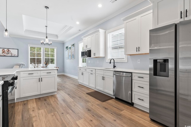 kitchen with light wood-style flooring, light countertops, appliances with stainless steel finishes, a raised ceiling, and crown molding