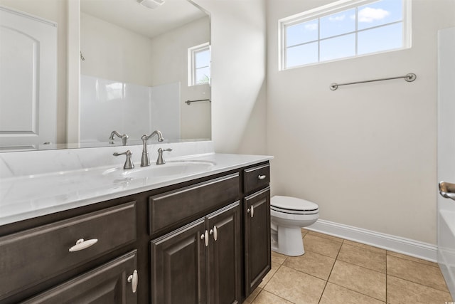 bathroom with tile patterned flooring, toilet, vanity, baseboards, and a shower