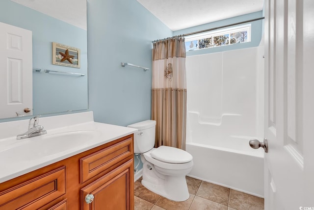 full bathroom with a textured ceiling, tile patterned flooring, toilet, vanity, and shower / bathtub combination with curtain