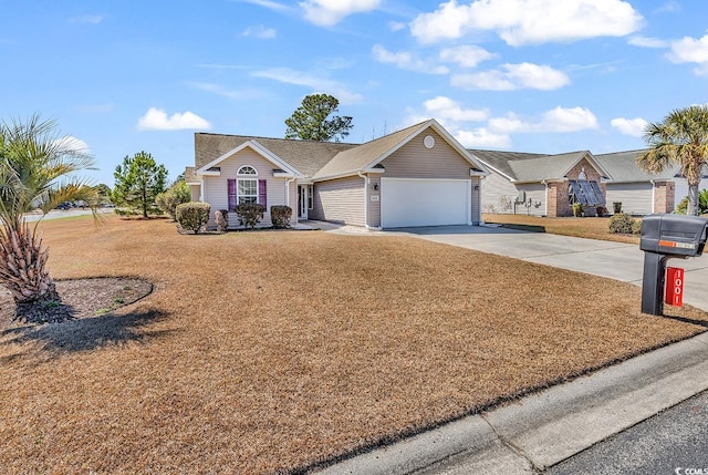 ranch-style home with a garage, a front lawn, and concrete driveway