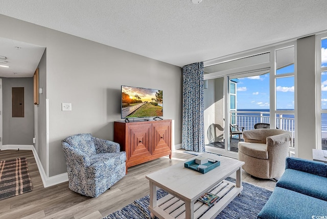 living area with a textured ceiling, wood finished floors, baseboards, electric panel, and floor to ceiling windows