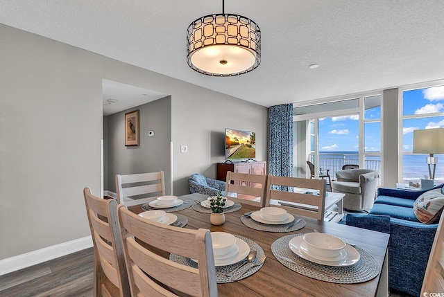 dining space featuring a wall of windows, dark wood-style flooring, a textured ceiling, and baseboards