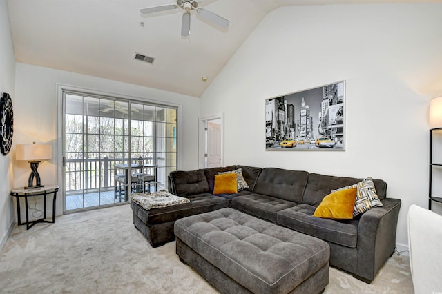 living room featuring visible vents, carpet, ceiling fan, and high vaulted ceiling