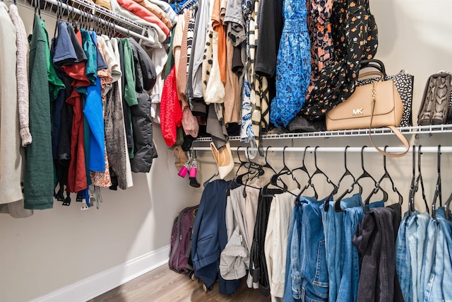 walk in closet with wood finished floors