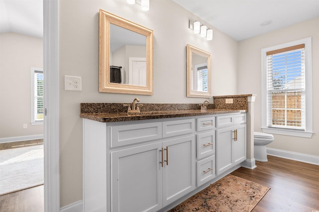 bathroom with toilet, wood finished floors, a sink, baseboards, and double vanity