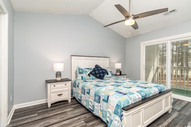 bedroom with lofted ceiling, visible vents, baseboards, access to exterior, and dark wood-style floors