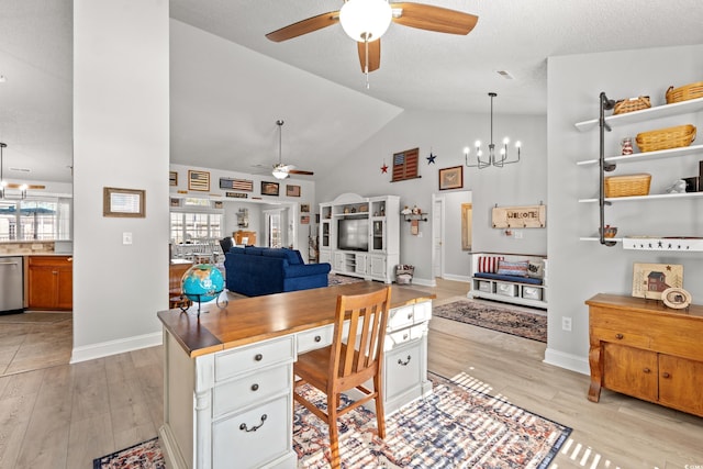 3516 Queens Harbour Blvd, Myrtle Beach, SC 29588 - office space with ceiling fan, light wood finished floors, high vaulted ceiling, and a chandelier