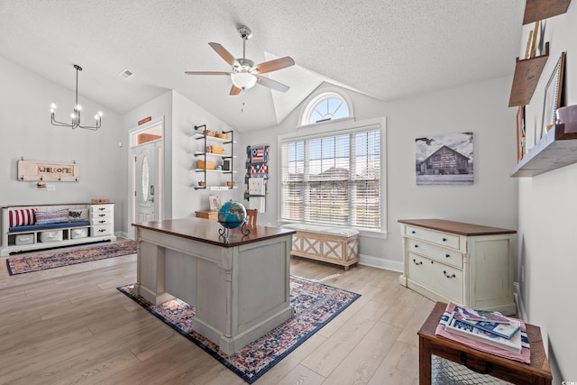 3516 Queens Harbour Blvd, Myrtle Beach, SC 29588 - office featuring vaulted ceiling, a textured ceiling, ceiling fan, a chandelier, and light wood-style floors