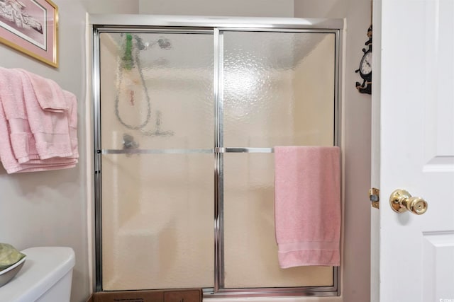 full bathroom featuring a shower stall and toilet