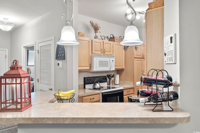 kitchen featuring light countertops, light brown cabinets, electric range, and white microwave