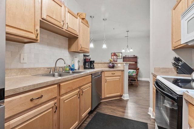 kitchen featuring tasteful backsplash, electric range oven, white microwave, light brown cabinets, and dishwasher