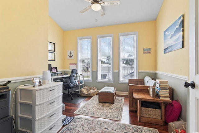 office space featuring dark wood-style flooring and a ceiling fan