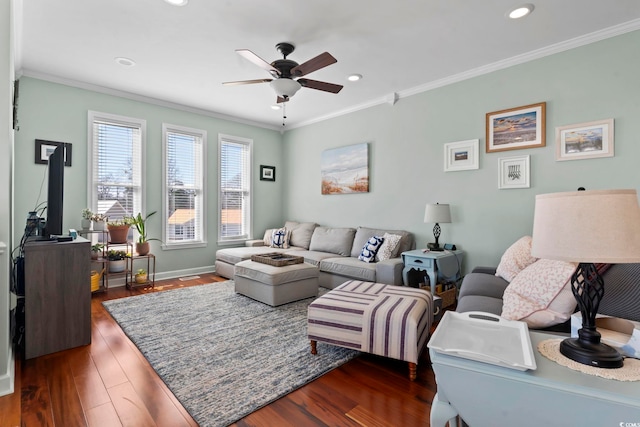 living room featuring dark wood-type flooring, recessed lighting, and crown molding