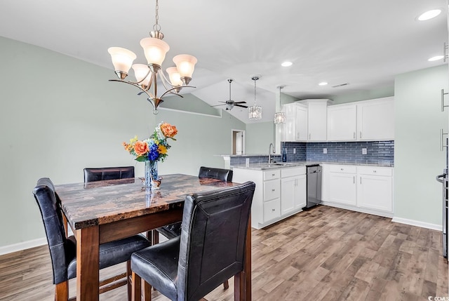 206 Balsa Dr, Longs, SC 29568 - dining area featuring a chandelier, ceiling fan, light wood-type flooring, recessed lighting, and lofted ceiling