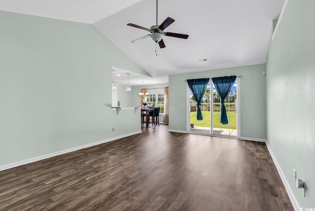 206 Balsa Dr, Longs, SC 29568 - unfurnished living room with dark wood-type flooring, a ceiling fan, and high vaulted ceiling