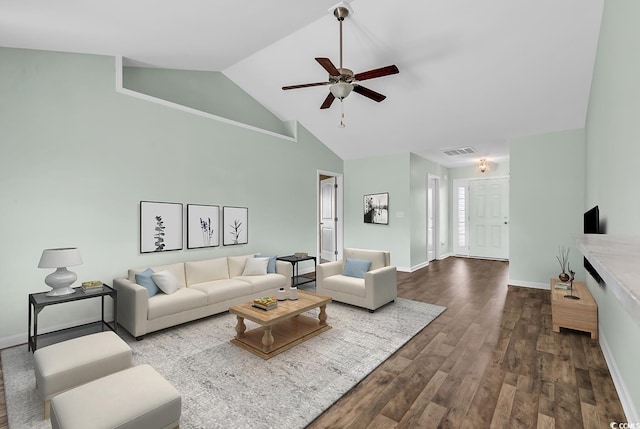 206 Balsa Dr, Longs, SC 29568 - living area featuring ceiling fan, dark wood-style floors, and high vaulted ceiling