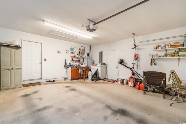 garage featuring a garage door opener, electric panel, and water heater