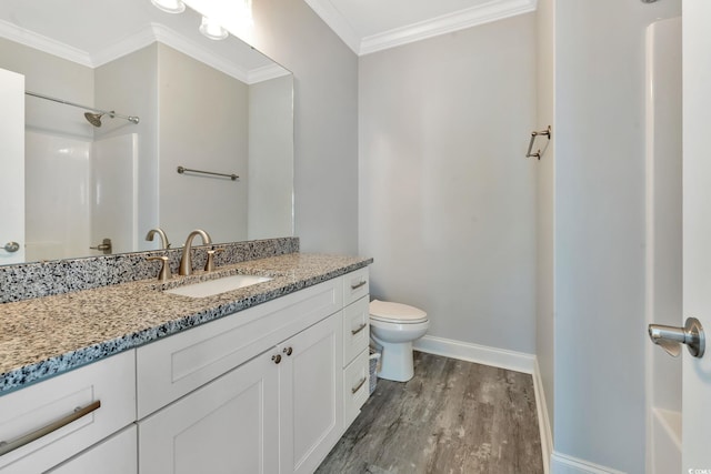 full bathroom featuring toilet, wood finished floors, vanity, walk in shower, and crown molding