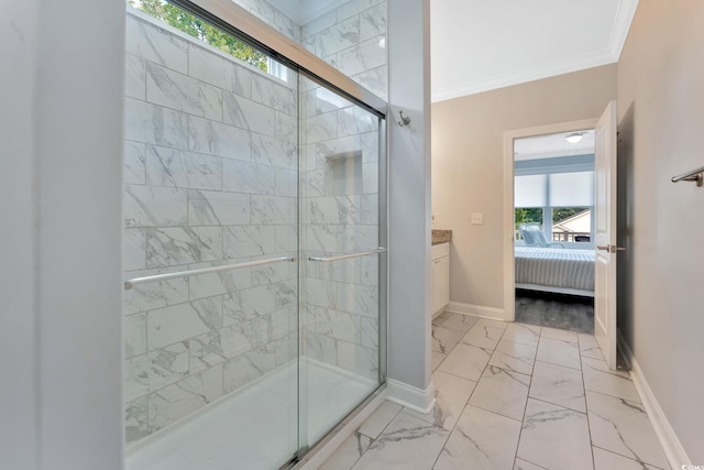 full bath with a stall shower, baseboards, connected bathroom, marble finish floor, and crown molding