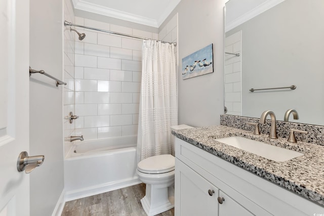 full bath featuring toilet, crown molding, wood finished floors, vanity, and shower / bathtub combination with curtain