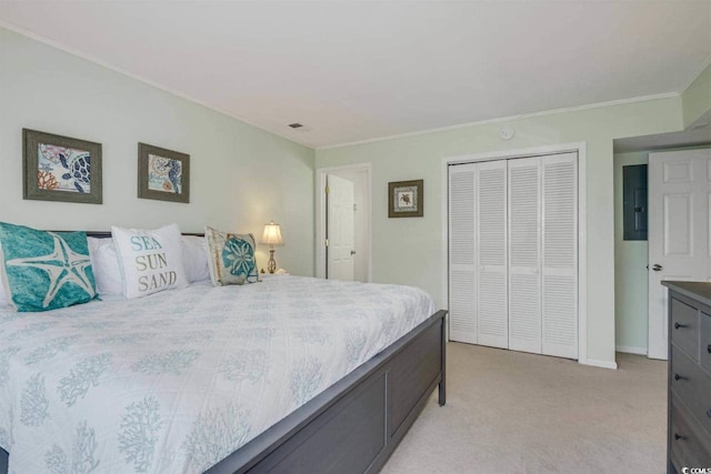 bedroom with baseboards, electric panel, ornamental molding, a closet, and light colored carpet