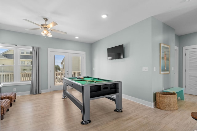 playroom with french doors, baseboards, pool table, and light wood finished floors