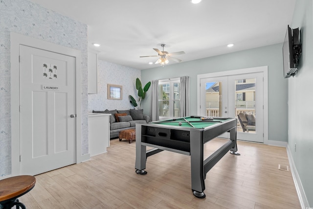 game room featuring wallpapered walls, baseboards, light wood-style flooring, french doors, and billiards