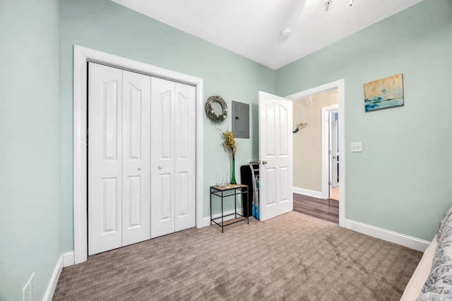 bedroom featuring carpet, a closet, electric panel, and baseboards