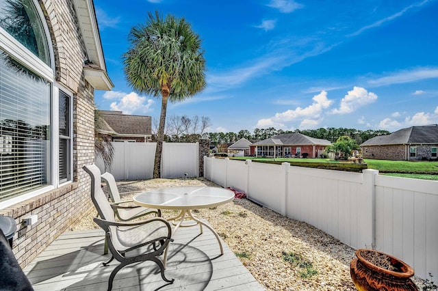 view of patio / terrace featuring a fenced backyard and a residential view