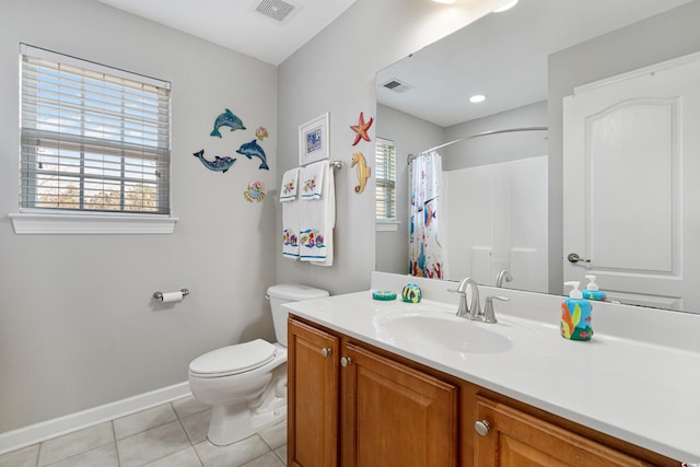 bathroom featuring toilet, visible vents, baseboards, vanity, and tile patterned floors