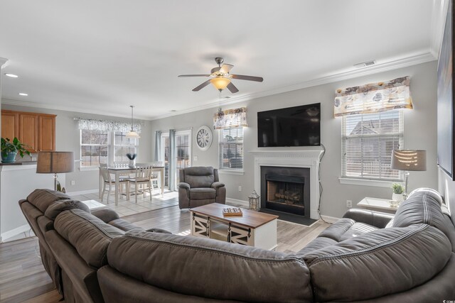 living area with light wood-type flooring, a healthy amount of sunlight, a fireplace with flush hearth, and crown molding