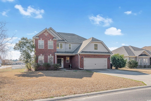 view of front of property featuring driveway, a garage, a shingled roof, fence, and brick siding