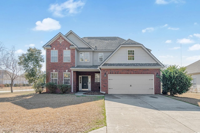 view of front of house featuring a shingled roof, concrete driveway, brick siding, and an attached garage