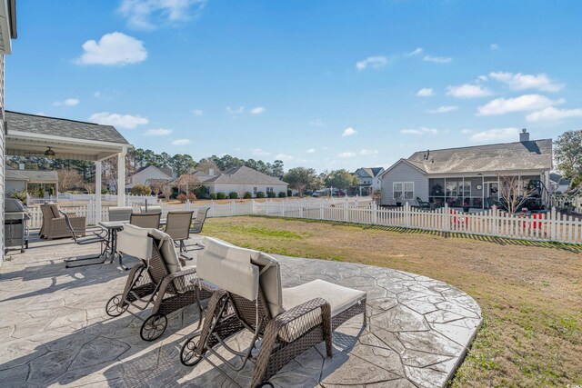 view of patio / terrace featuring a fenced backyard, area for grilling, and outdoor dining space