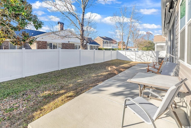 view of patio / terrace featuring a fenced backyard and a residential view