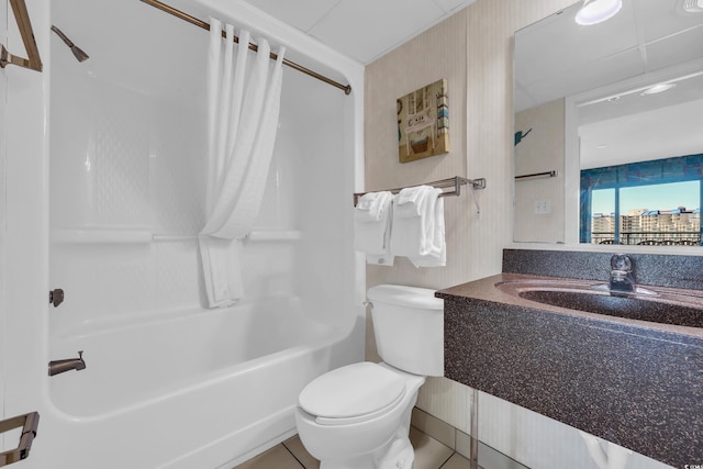 full bathroom with toilet, vanity, and shower / bathtub combination with curtain