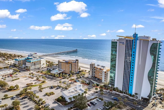 drone / aerial view with a water view, a view of the beach, and a city view