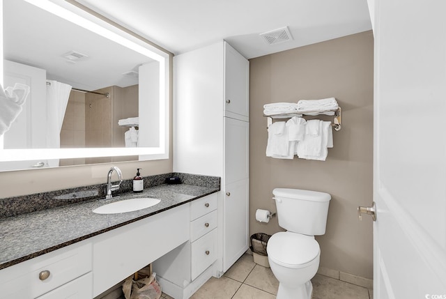 full bathroom with tile patterned flooring, toilet, vanity, visible vents, and baseboards