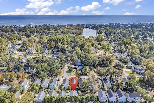 aerial view featuring a water view and a residential view