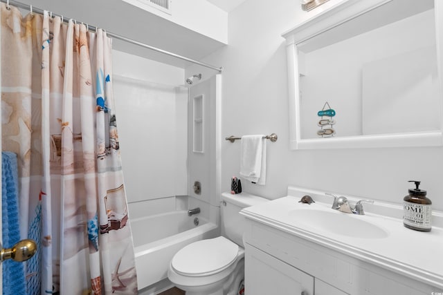 bathroom with vanity, toilet, and shower / tub combo with curtain