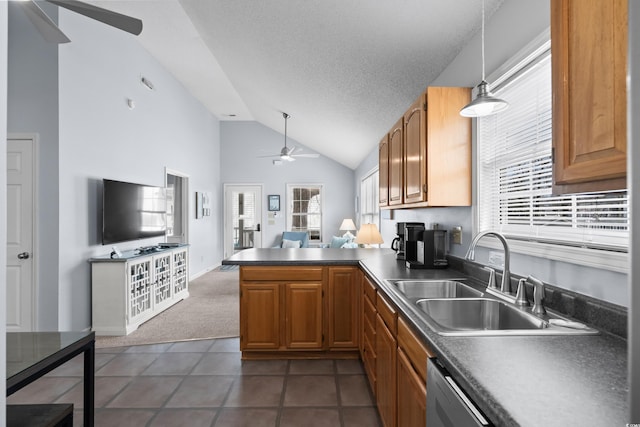 kitchen featuring lofted ceiling, a healthy amount of sunlight, a sink, and a peninsula