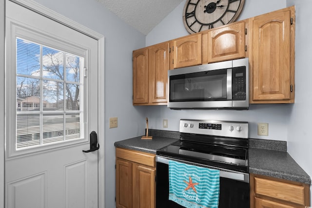 kitchen featuring dark countertops, appliances with stainless steel finishes, a textured ceiling, and lofted ceiling