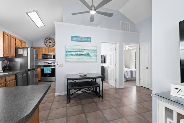 kitchen with stainless steel appliances, dark countertops, visible vents, and ceiling fan