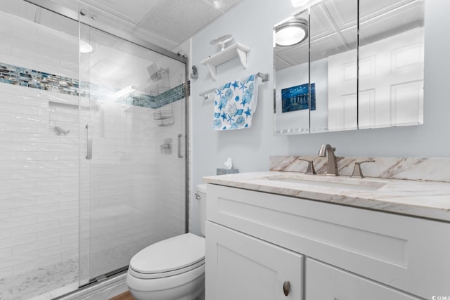 full bathroom featuring toilet, a stall shower, and vanity