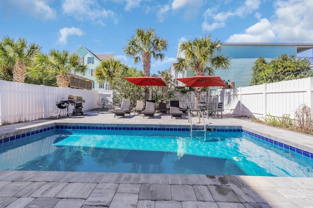 view of pool with a patio, a fenced backyard, and a fenced in pool